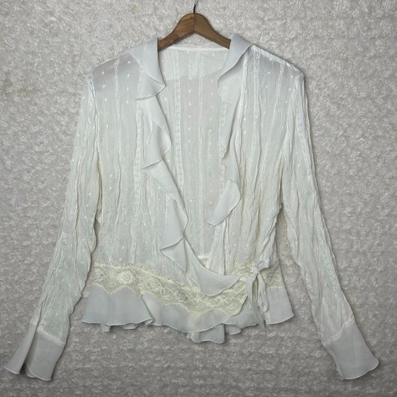 White Sheer Embroidered Eyelet‎ Ruffle Blouse Size Large - Picture 1 of 6